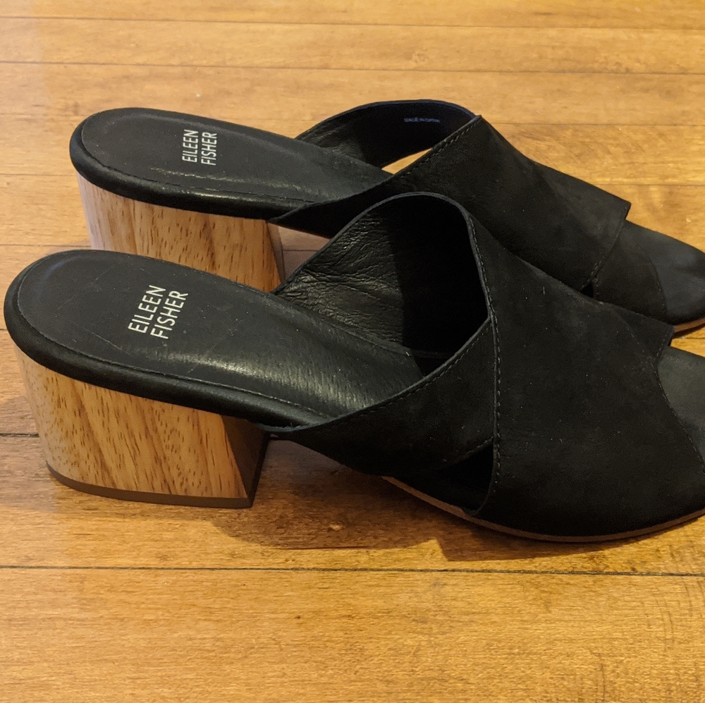 Eileen Fisher black suede wood stack slides